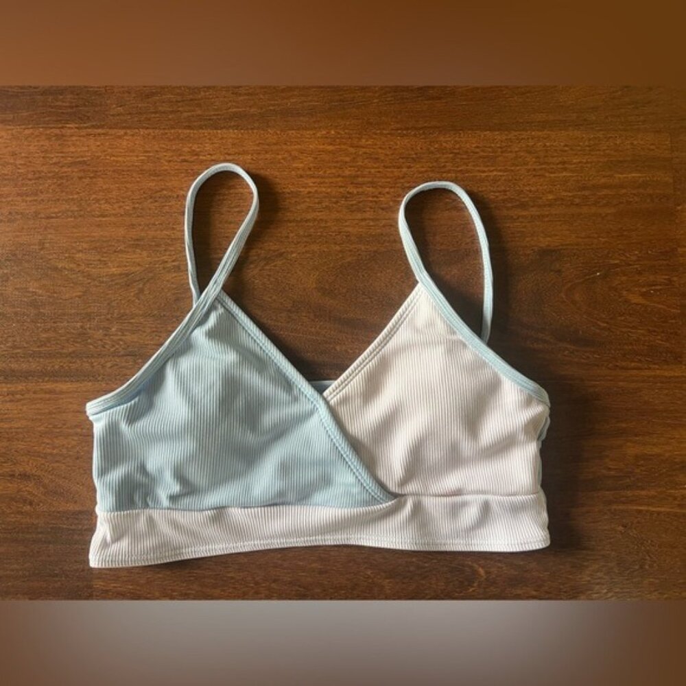 Shein Ribbed Colorblock Bikini Top Blue Cream Wrap Style Teen 14Y Swim